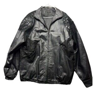 Vintage Damselle Women's Size XL Leather Black Bomber Jacket Floral Patchwork